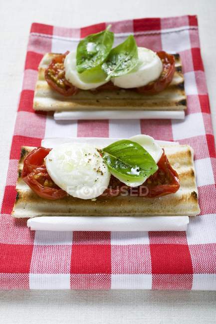 Pain grillé tomate et mozzarella au basilic — Photo de stock