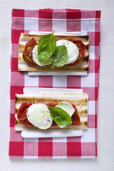 Tomato and mozzarella toasts with basil — Stock Photo
