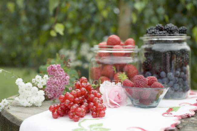 Mixed summer berries in jars — Stock Photo