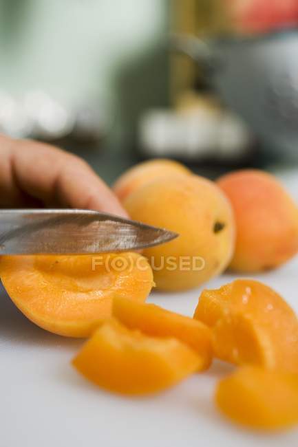 Human hand cutting apricots — Stock Photo
