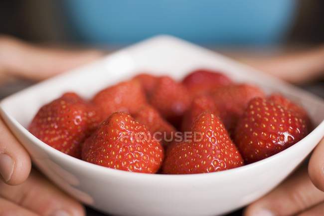 Woman holding bowl of strawberries — Stock Photo