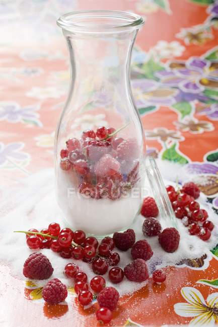 Свежие ягоды с сахаром в графине — стоковое фото
