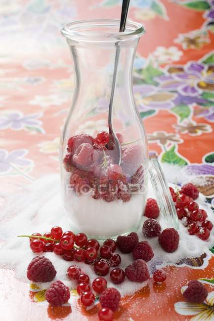 Bayas frescas mezcladas con azúcar en jarra - foto de stock