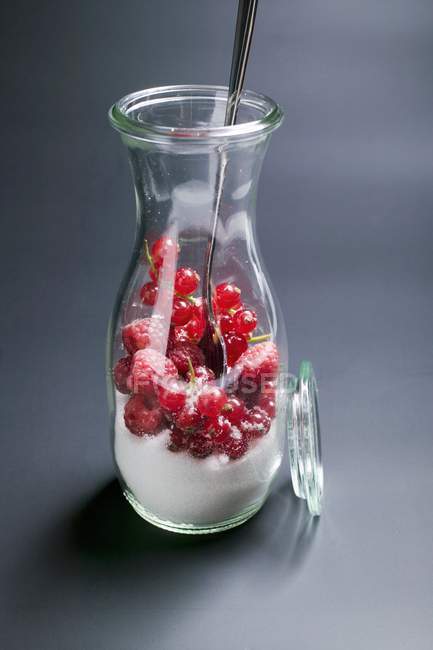 Bayas frescas mezcladas con azúcar en jarra - foto de stock