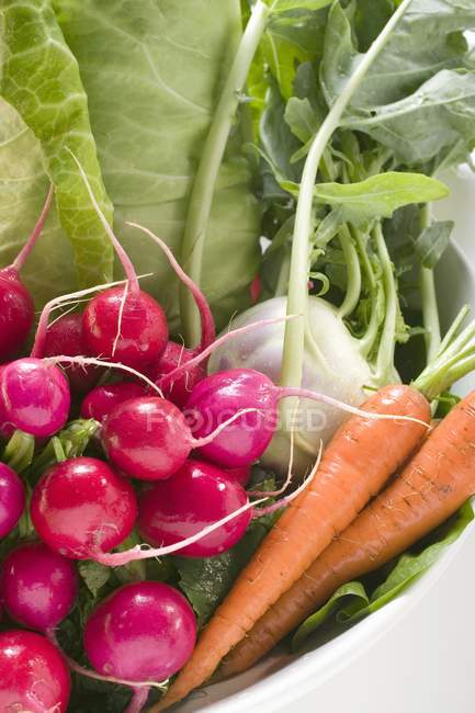 Kohlrabi y zanahorias en tazón - foto de stock