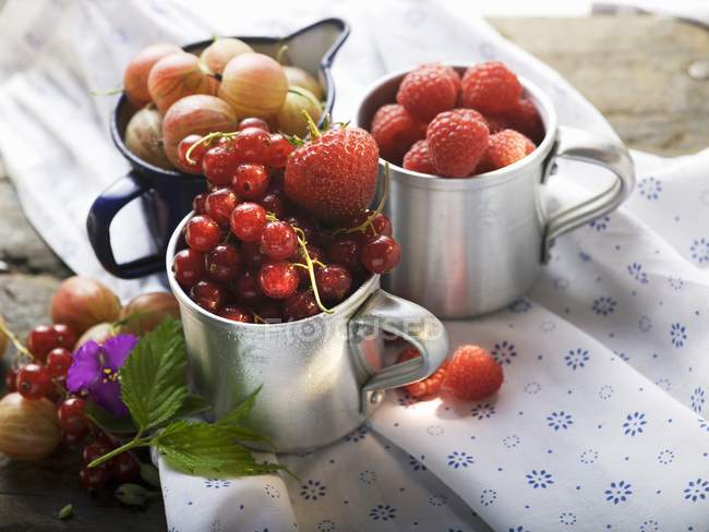 Summer berries in metal cups — Stock Photo