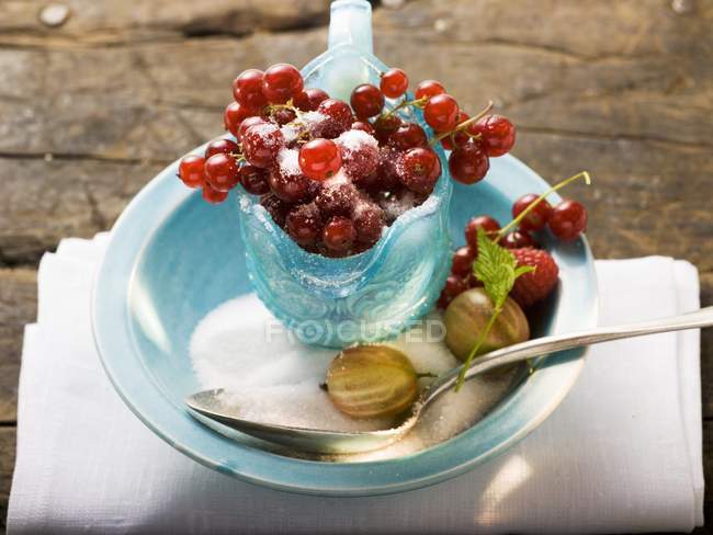 Ripe redcurrants with sugar — Stock Photo
