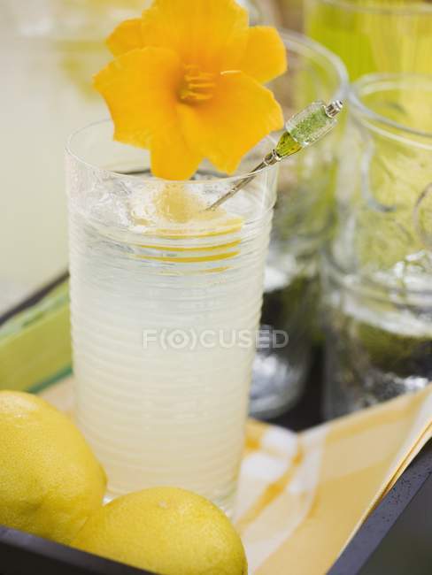 Glass of lemonade with flower — Stock Photo