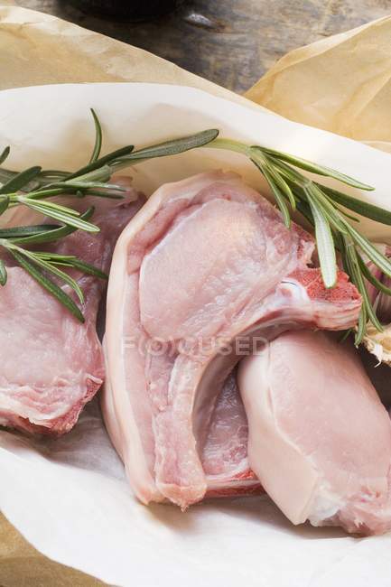 Raw pork chops and rosemary — Stock Photo
