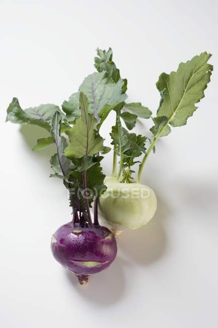 Зелений і фіолетовий кольрабі з листям — стокове фото