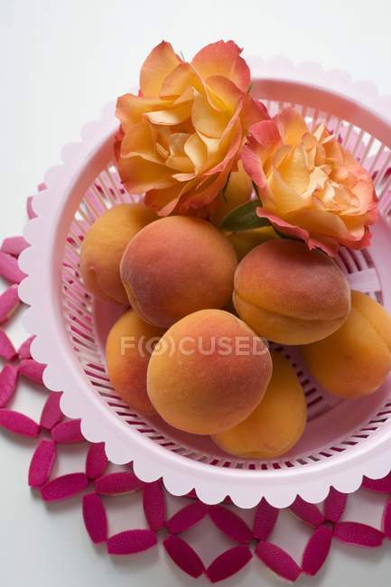 Albaricoques y rosas frescas maduras - foto de stock