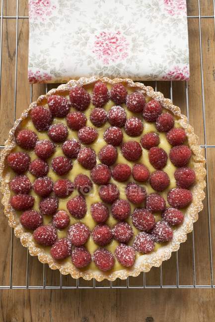 Raspberry tart with vanilla cream — Stock Photo