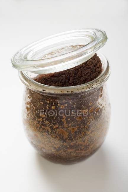 Chocolate pudding baked in a jar — Stock Photo