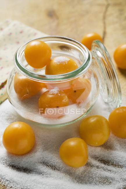 Close up of  Mirabelles with sugar — Stock Photo