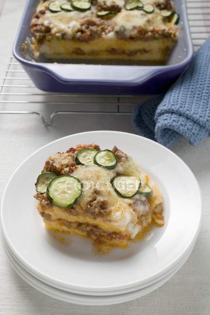 Polenta bake with mince and courgettes — Stock Photo