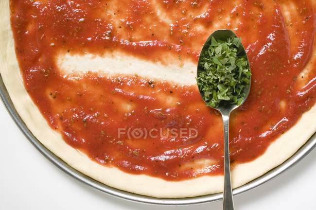 Pizza base with sauce — Stock Photo