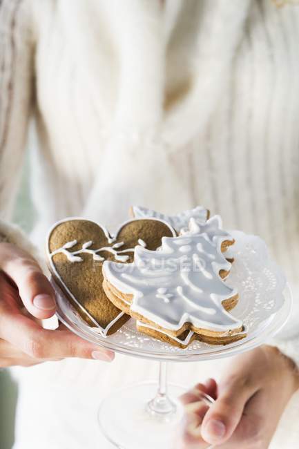 Female hands holding gingerbread biscuits — Stock Photo