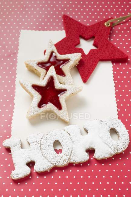 Almond biscuits and word HOHO in gingerbread — Stock Photo