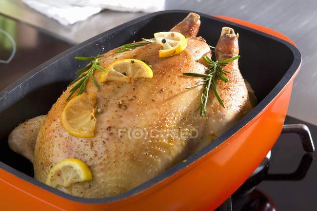 Pollo arrosto intero con rosmarino e limone — Foto stock