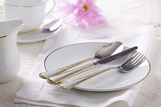 Closeup view of gold-rimmed plate with cutlery — Stock Photo