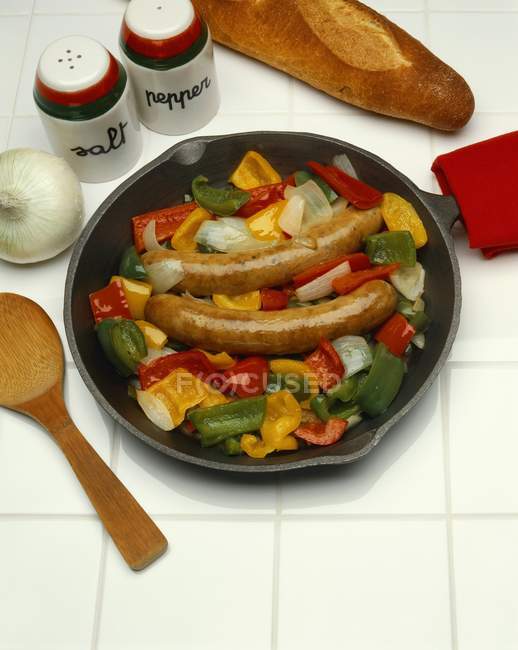Sausages with Onion and Peppers — Stock Photo