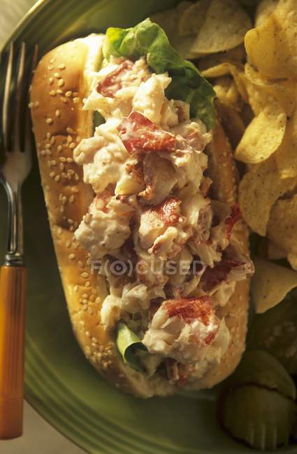 Closeup top view of lobster roll on sesame seed bun with chips — Stock Photo