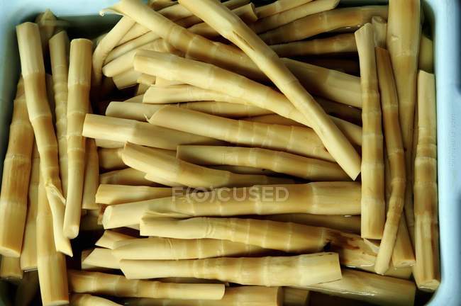 Tiges de bambou posées sur un plat bleu — Photo de stock