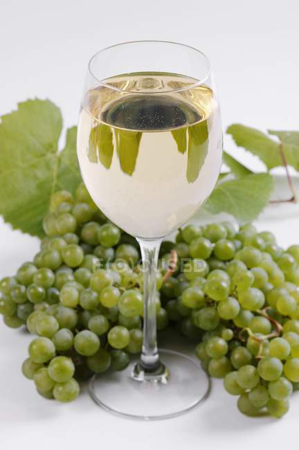 Copa de vino blanco y uvas verdes - foto de stock