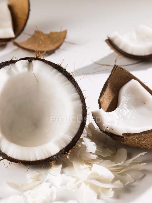Кокосовый орех, окруженный кусочками — стоковое фото