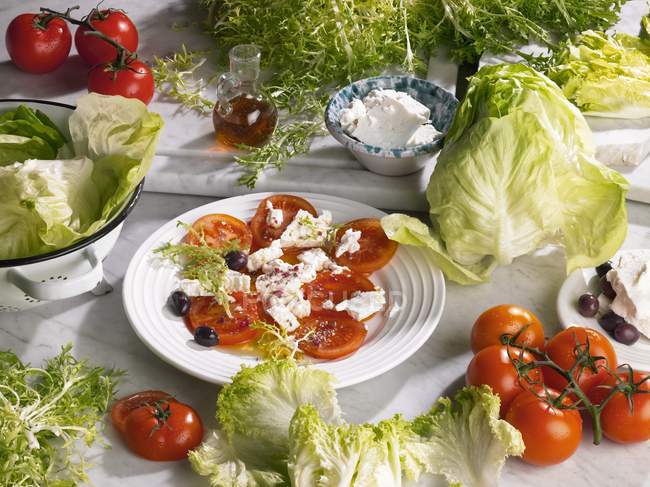 Tomato salad with cheese — Stock Photo