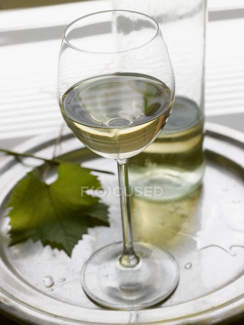 Glass of white wine on a tray — Stock Photo