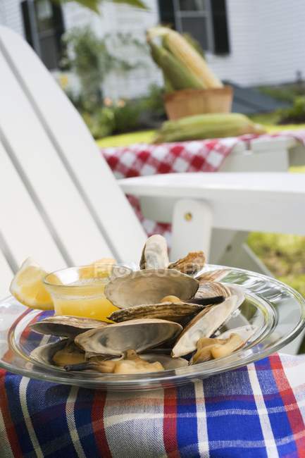 Clams with lemon and butter on plate over cloth — Stock Photo