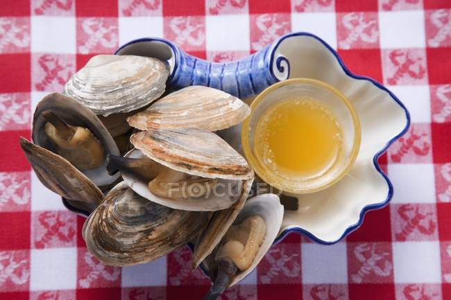 Closeup top view of opened clams with butter — Stock Photo