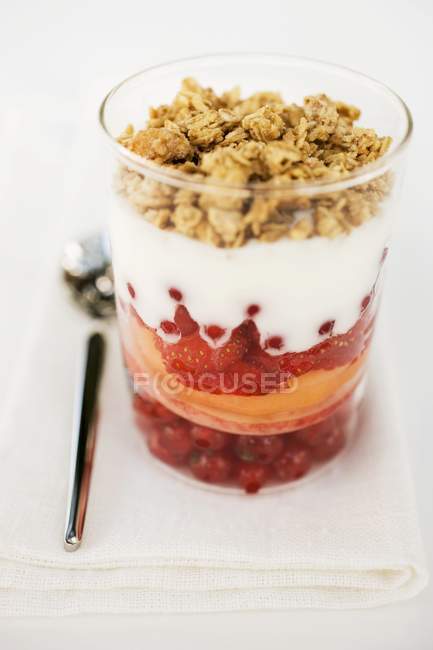 Слоистый десерт с йогуртом и мюсли — стоковое фото