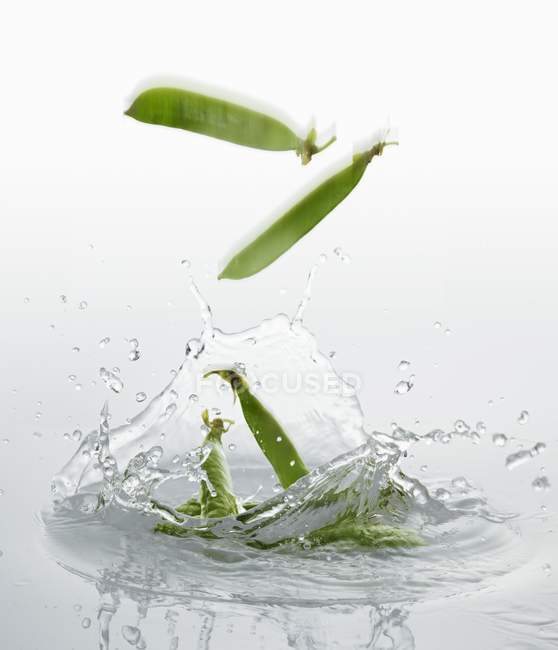 Pea pods falling into water — Stock Photo