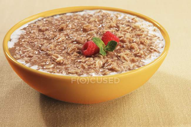 Bowl of oatmeal with raspberries — Stock Photo