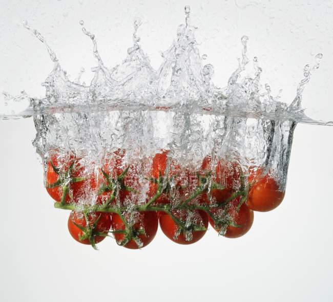 Vine tomatoes falling into water — Stock Photo