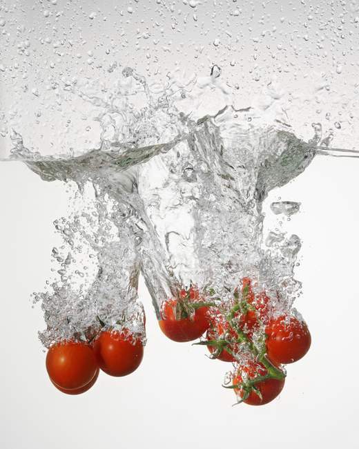 Tomatoes falling into water — Stock Photo