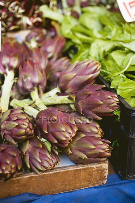 Artichauts violets dans la caisse — Photo de stock