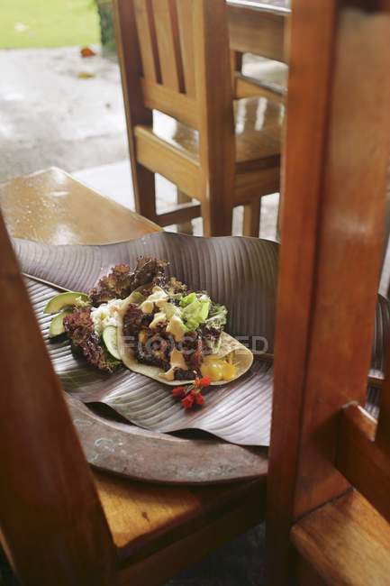 Vista diurna elevada de Burrito em uma folha em um banco de madeira — Fotografia de Stock