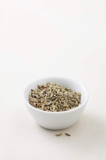 Fennel seeds in small dish on white plate over white surface — Stock Photo