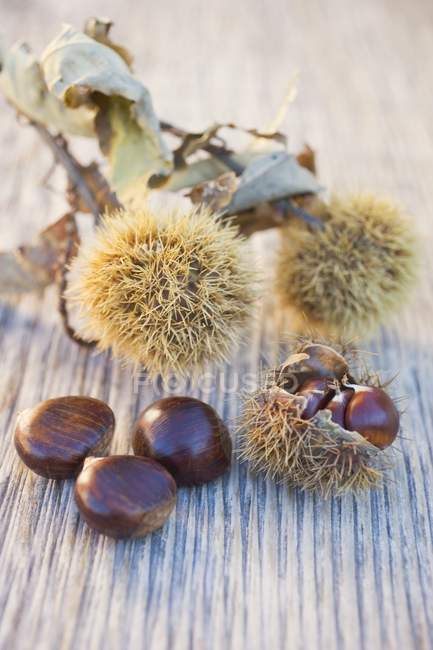 Chestnuts on wooden table — Stock Photo