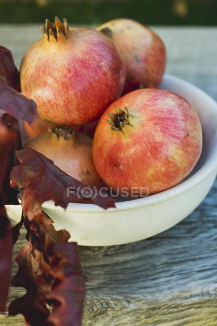 Granatäpfel mit Herbstblättern — Stockfoto