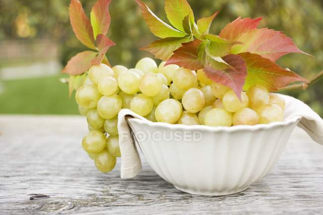 Green grapes in white bowl — Stock Photo