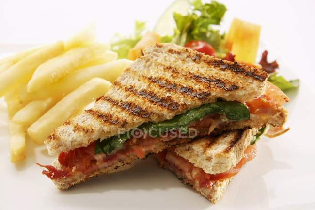 Cheese and tomato sandwich with fried chips — Stock Photo