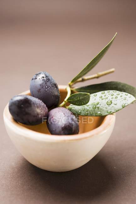 Чорні оливки в теракотовій мисці — стокове фото