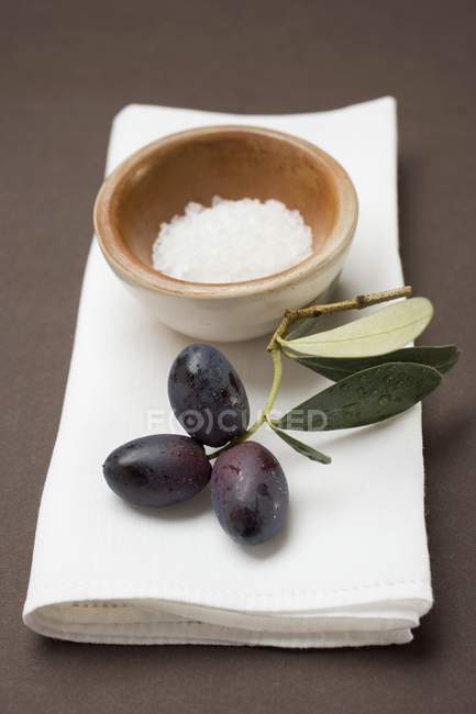 Черные оливки на веточке с морской солью — стоковое фото