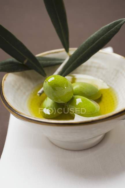 Зеленые оливки на веточке в миске — стоковое фото