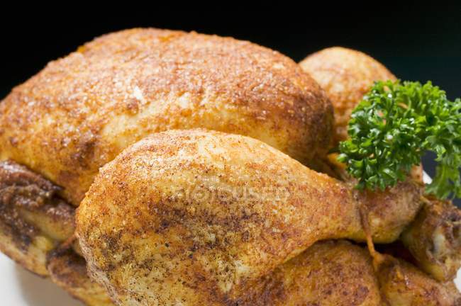 Würzig gebratenes Huhn mit Petersilie garniert — Stockfoto
