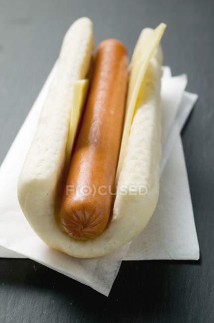 Hot dog with cheese on paper napkin — Stock Photo